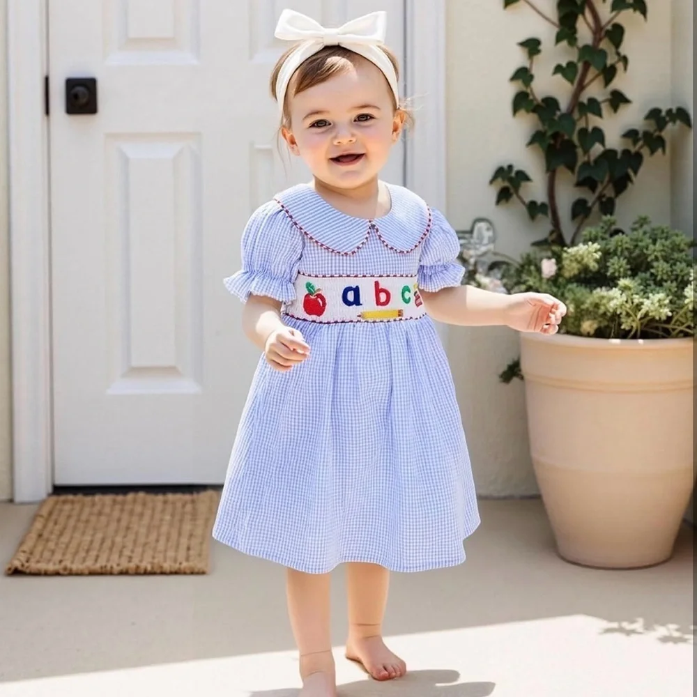 NWT 4T Girls Blue Gingham Alphabet Back to School Short Sleeve Smocked Dress